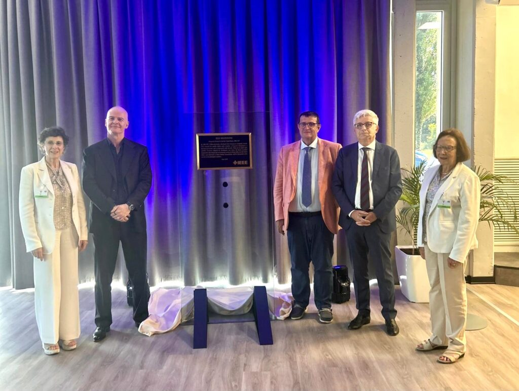Plaque unveiling. From left to right: Dr. Tiziana Tambosso (IEEE Region 8 Technical Activities Committee Vice Chair), Marco Cassis (ST APMS President), Giambattista Gruosso (IEEE Italy Section Chair), Alessandro Cremonesi (ST Chief Innovation Officer), Dr. Bernadette Bouchon-Meunier (IEEE France Section Life Members Affinity Group Chair)