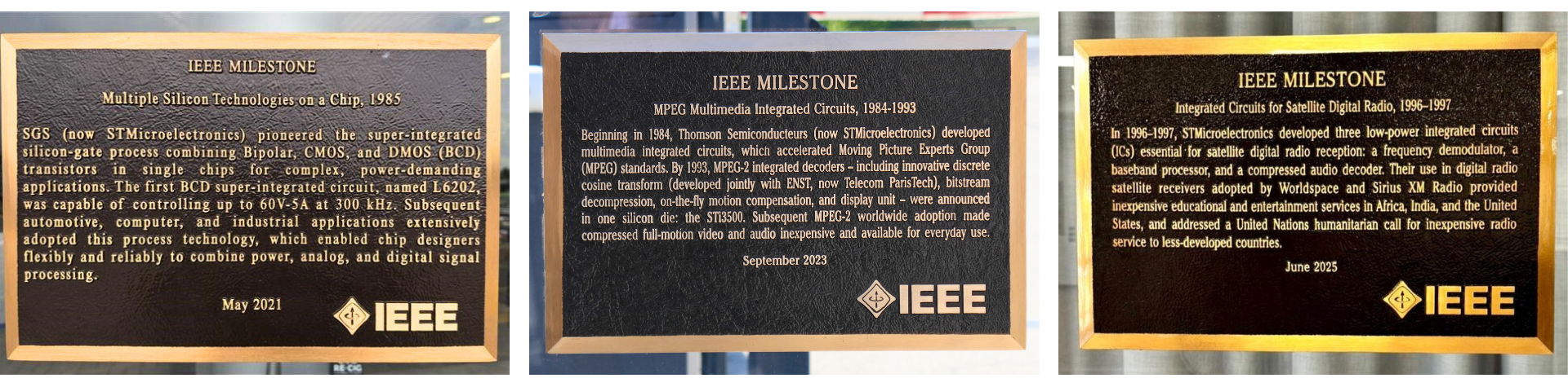 The three IEEE plaques received by ST