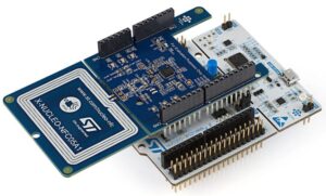 The NUCLEO-8S208RB with the X-NUCLEO-NFC05A1 on top