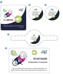 The ST25-TAG-BAG-U with 1. ST25TV02K, 2. ST25TA02KB, 3. ST25TV02K HC, 4. ST25TV512, 5. ST25TA64K