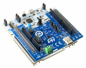 The X-NUCLEO-SRC1M1 on top of the

<p>NUCLEO-G0B1RE” class=”wp-image-43724″/></a><figcaption class=