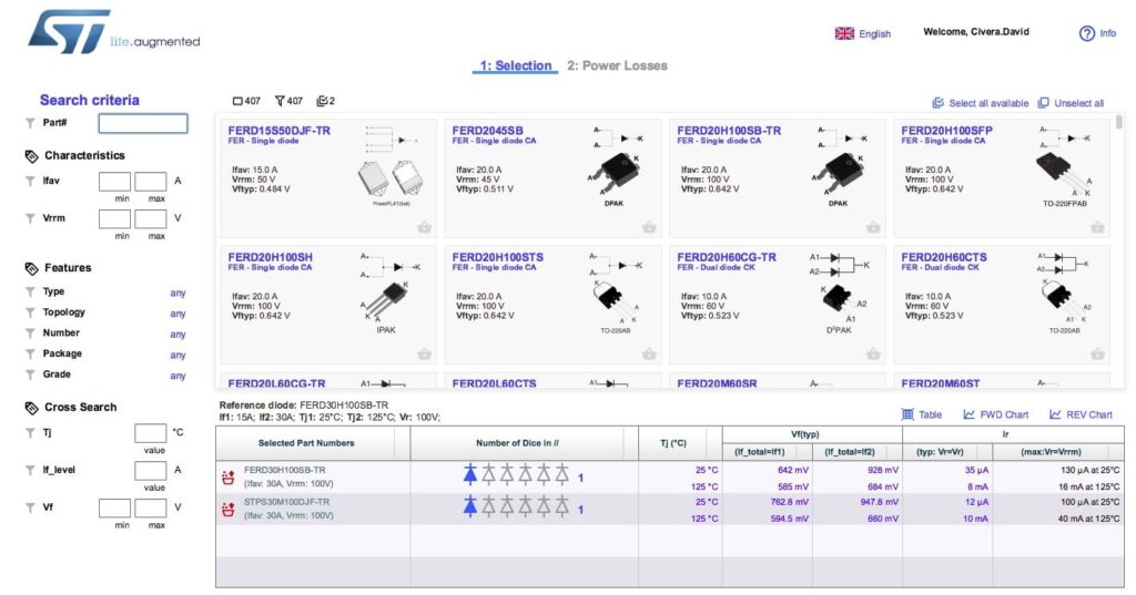 The first page of the Power Schottky & FERD eTool
