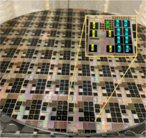 IEDM 2021: QF technology qualification wafer showing elementary QF photodiode test structures (a), pixel matrix test chips (b), and full image sensor products (c)