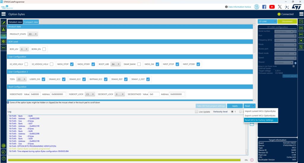 Factory Reset Option Location using NUCLEO H563ZI Whole Screen copy
