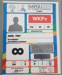 A test accreditation from the Summer Universiade with the cryptographic image above the bar code