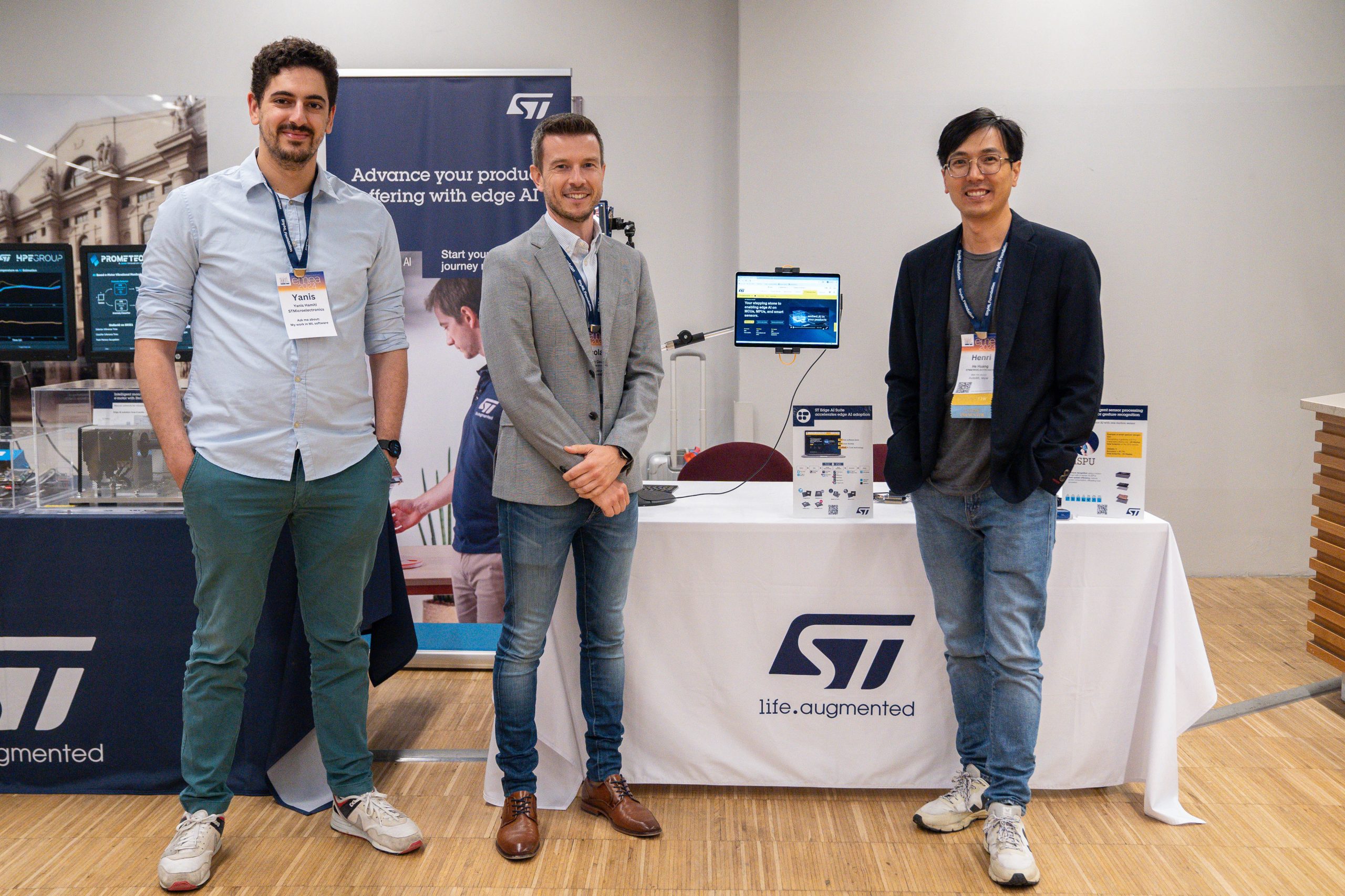ST demo owners (Yanis Hamiti, Nicolas Gaude and He Huang) at TinyML EMEA 2024