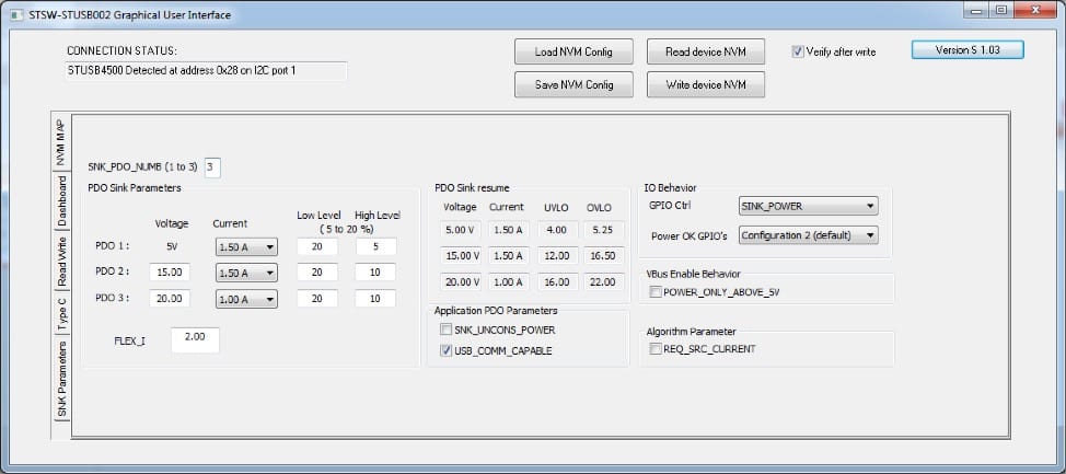 A screenshot of the STSW-STUSB002 graphical user interface