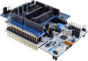 A Nucleo board with the X-NUCLEO-IKS01A3 on top