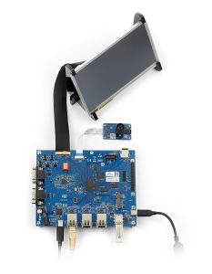 The STM32MP25 evaluation board with a display and camera module