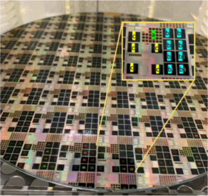 IEDM 2021: QF technology qualification wafer showing elementary QF photodiode test structures (a), pixel matrix test chips (b), and full image sensor products (c)