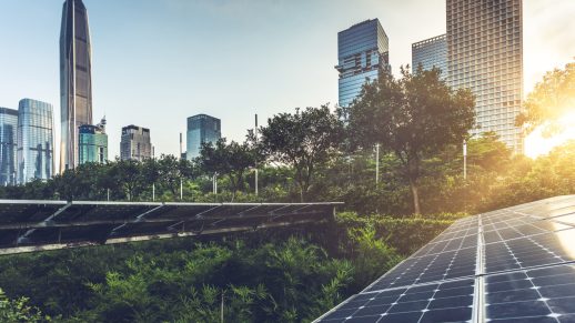 Roof top solar installation with shenzhen downtown skyline view as background,China.