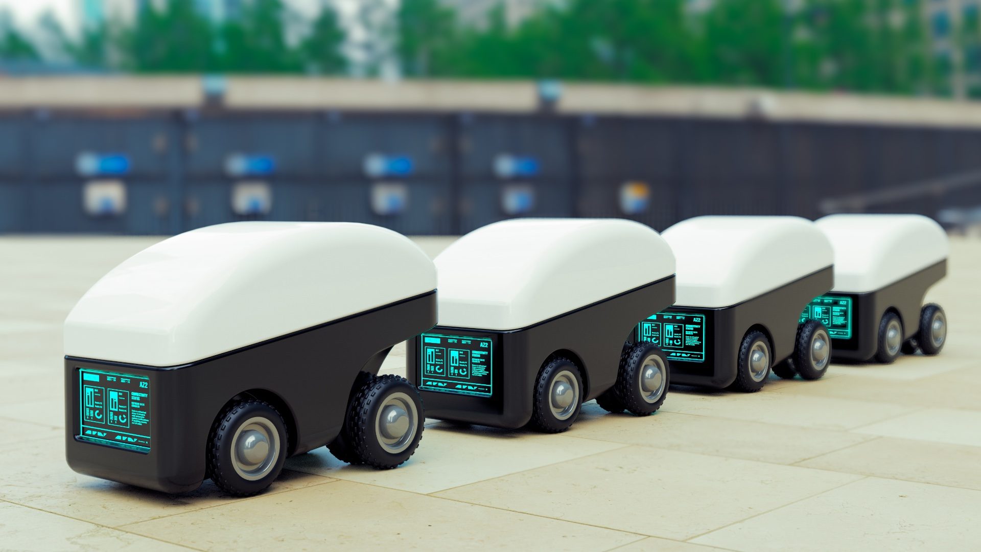 delivery robot car fleet, intelligent automaton vehicle for the delivery of food and products. 3D illustration; Shutterstock ID 1948803280; purchase_order: 1106262587; job: ; client: 4000557855; other:
