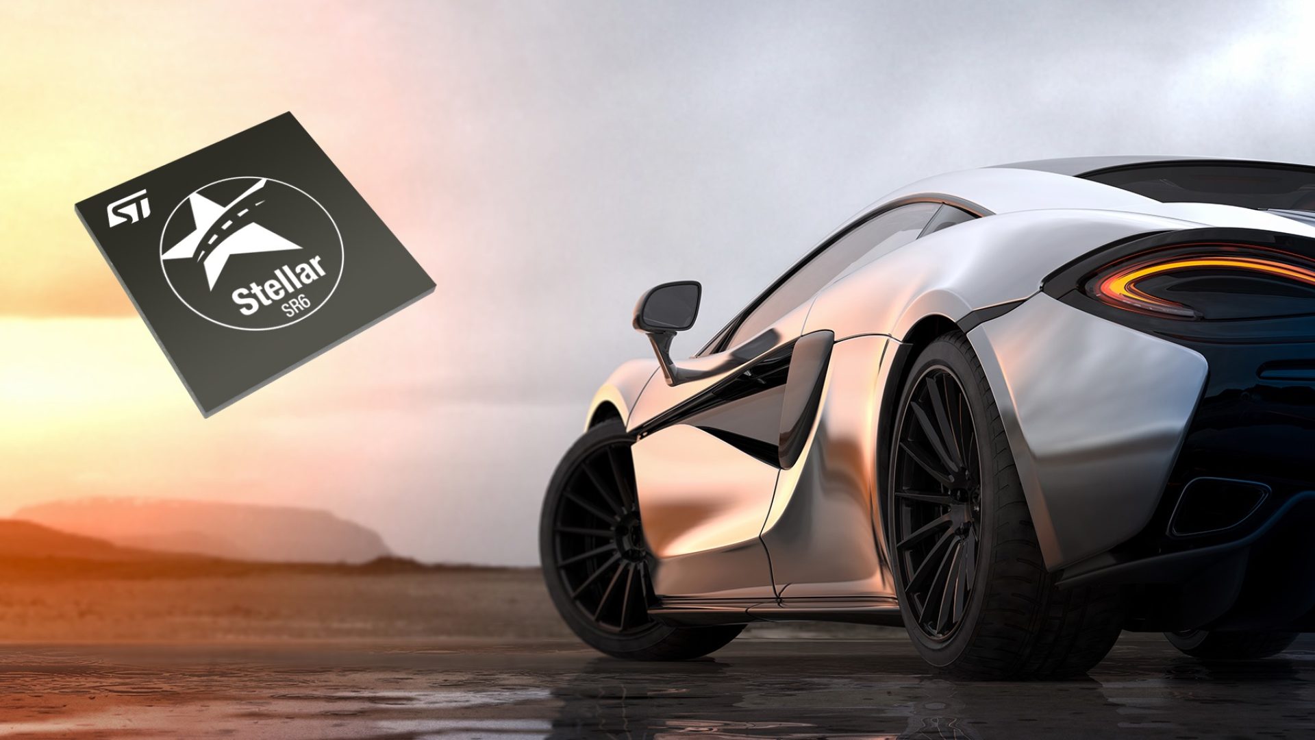 Silver luxury sports car sunset scene (with grunge overlay), tail lights detail - 3d illustration; Shutterstock ID 1033204516; purchase_order: 1106262587; job: ; client: ; other: