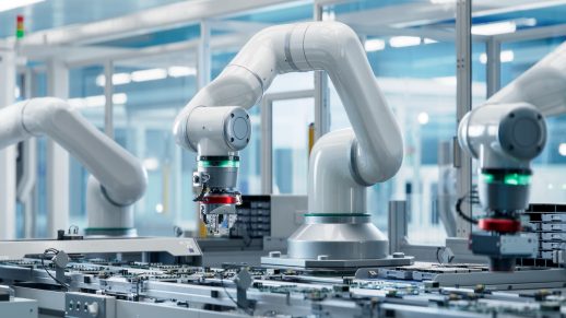 Advanced,High,Precision,Robot,Arm,Inside,Bright,Electronics,Factory.,Component