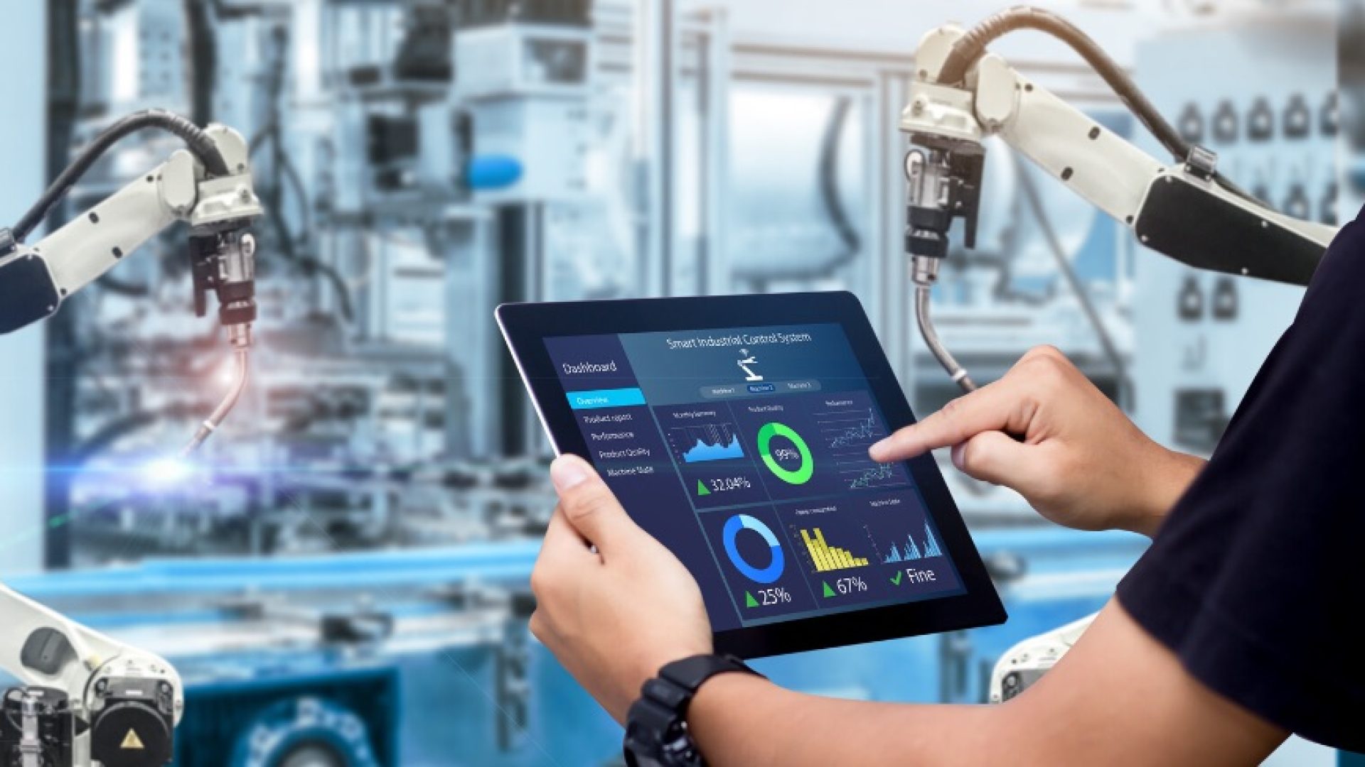 Smart industry control concept.Hands holding tablet on blurred automation machine as background; Shutterstock ID 1728567073; purchase_order: 1106262587; job: brand; client: ; other: