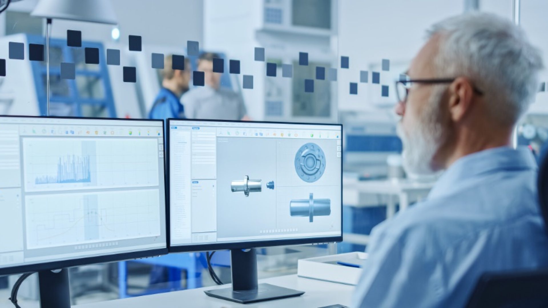 In Factory Workshop: Professional Workers Use High-Tech Industrial CNC Machinery, Robot Arm. Inside Office: Digital Engineering Professional Working on PC, Designing 3D Component in CAD Software; Shutterstock ID 1708950292; purchase_order: 1106262587; job: ; client: 4000557855; other: