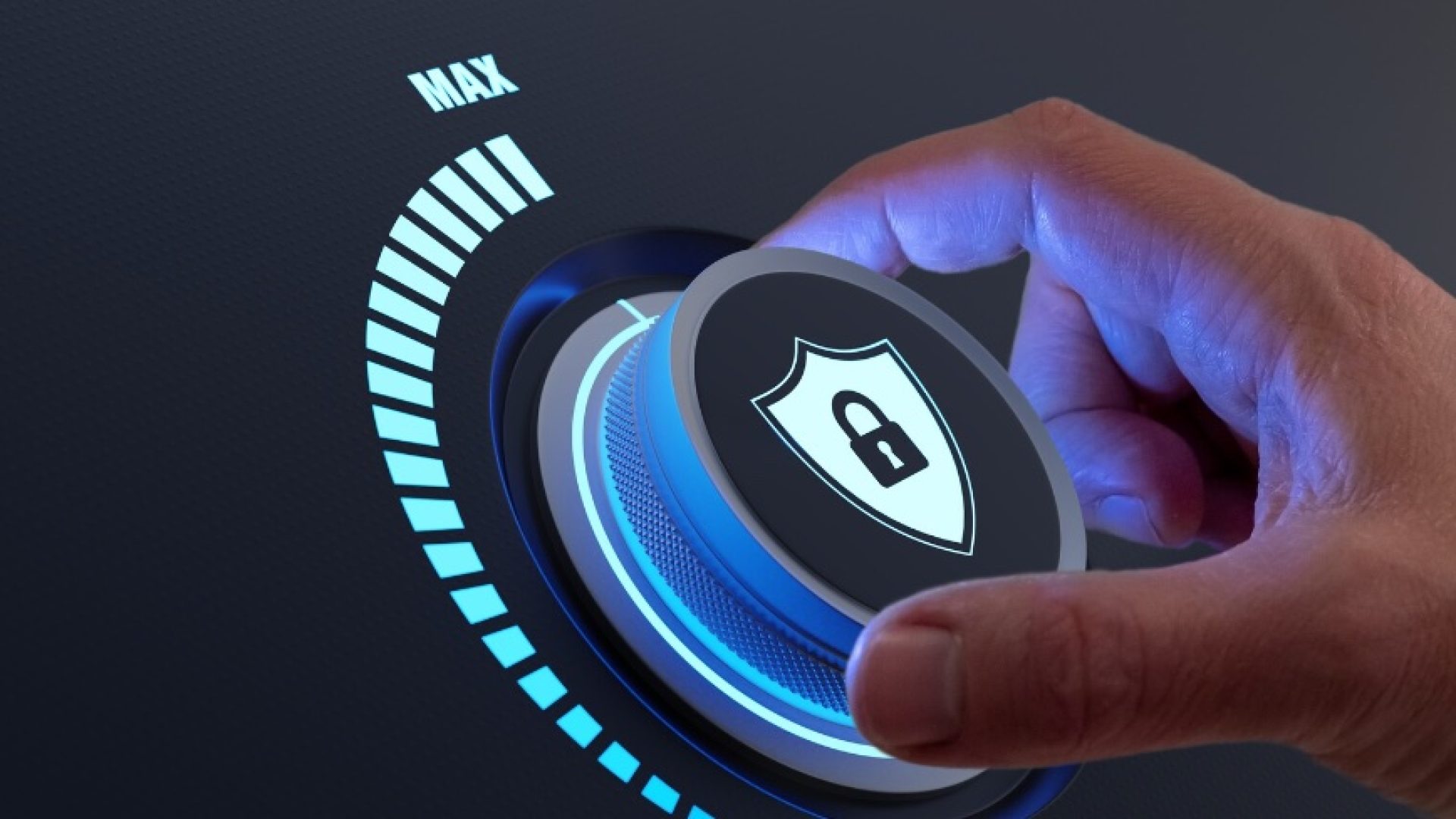 Security concept with person increasing the protection level by turning a knob. Selecting highest defence against cyber attack. Digital crime and data privacy on internet. Cybersecurity.; Shutterstock ID 2056924214; purchase_order: 1106262587; job: ; client: ; other:
