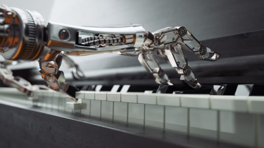 3D render of a pair of human like robotic hands plaing keys on the piano