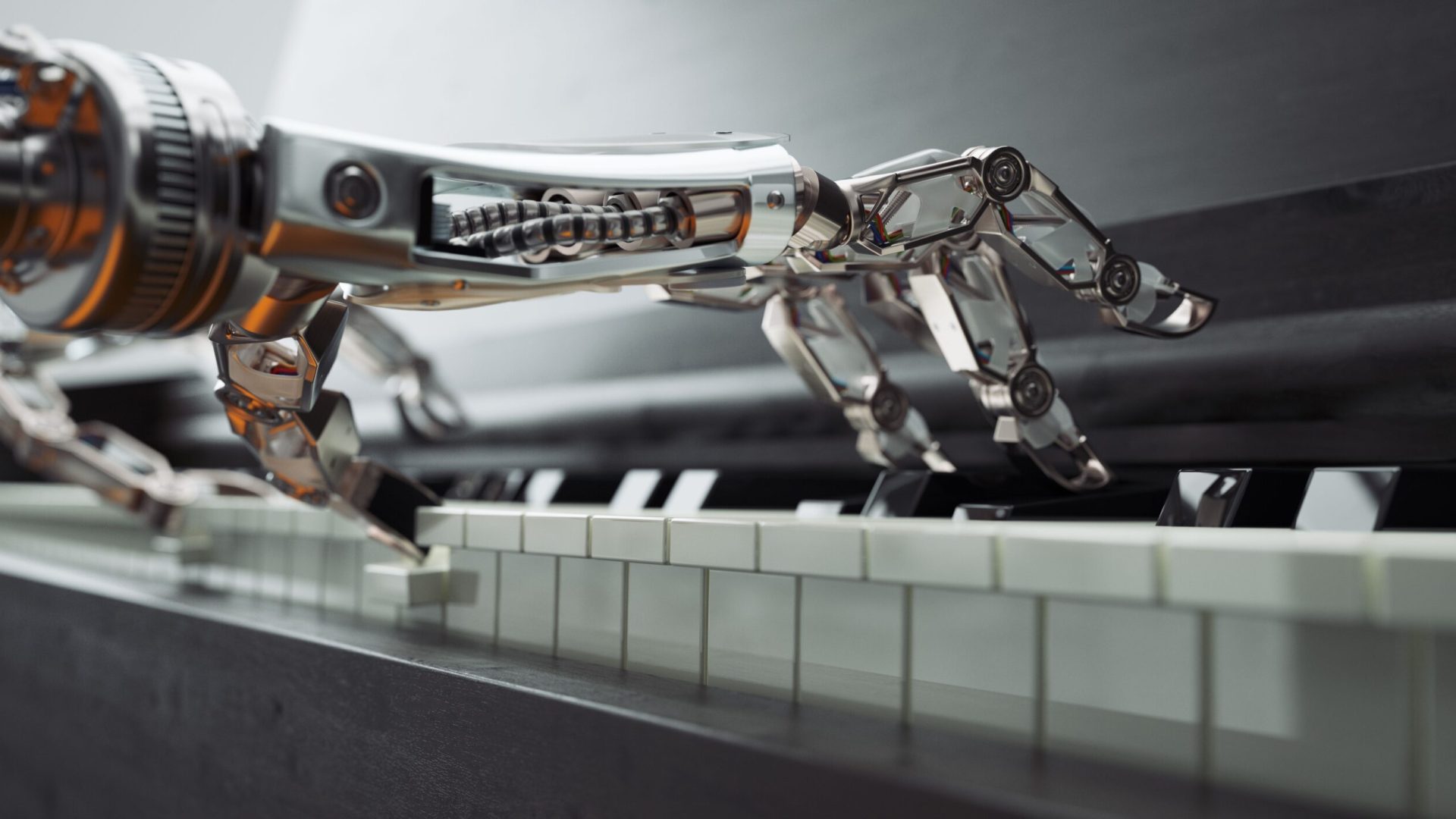 3D render of a pair of human like robotic hands plaing keys on the piano