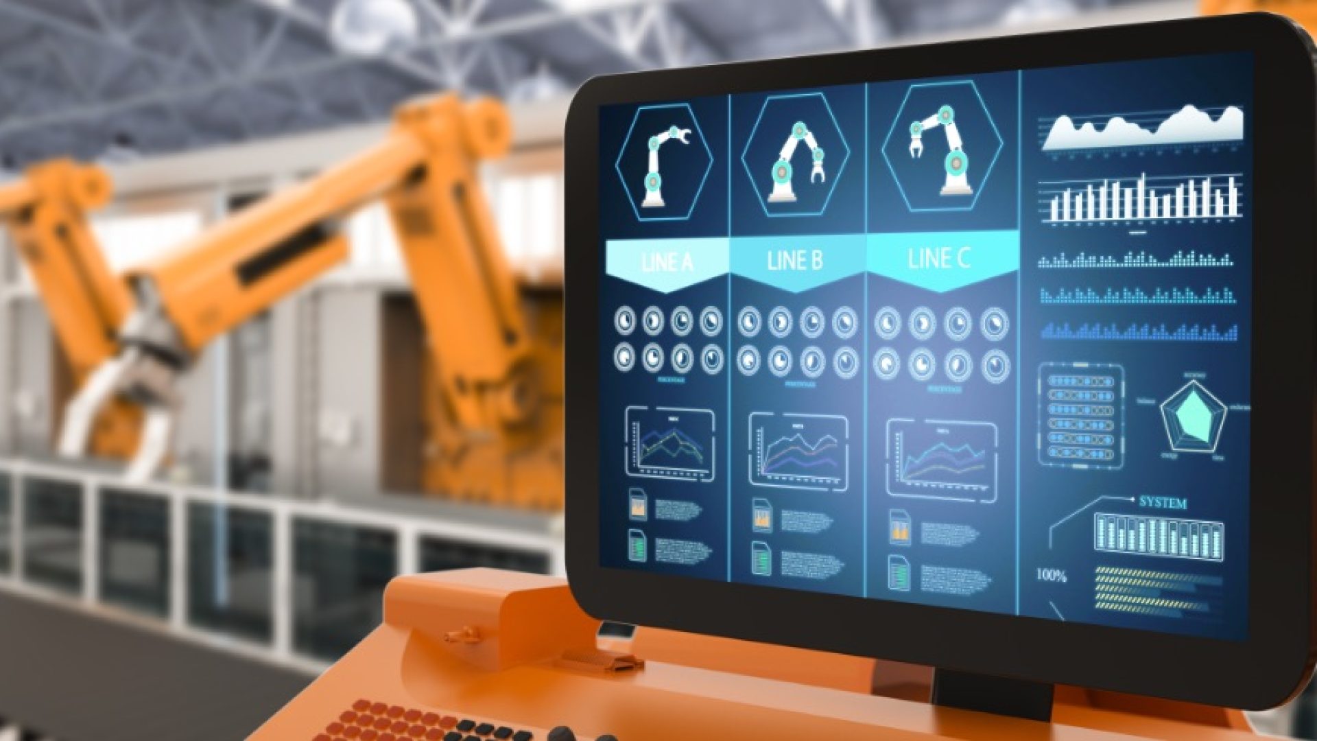 Automation factory concept with 3d rendering control panel screen with robotic arms